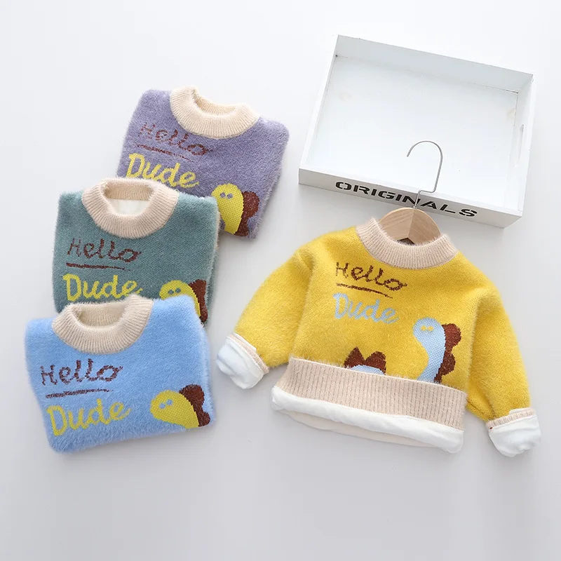 

Toddler Boy 2-6Y Baby Sweaters Winter Mink Cashmere Sweater Cute Dinosaur Print Autumn Winter Warm Soft Knitted Pullover Clothes