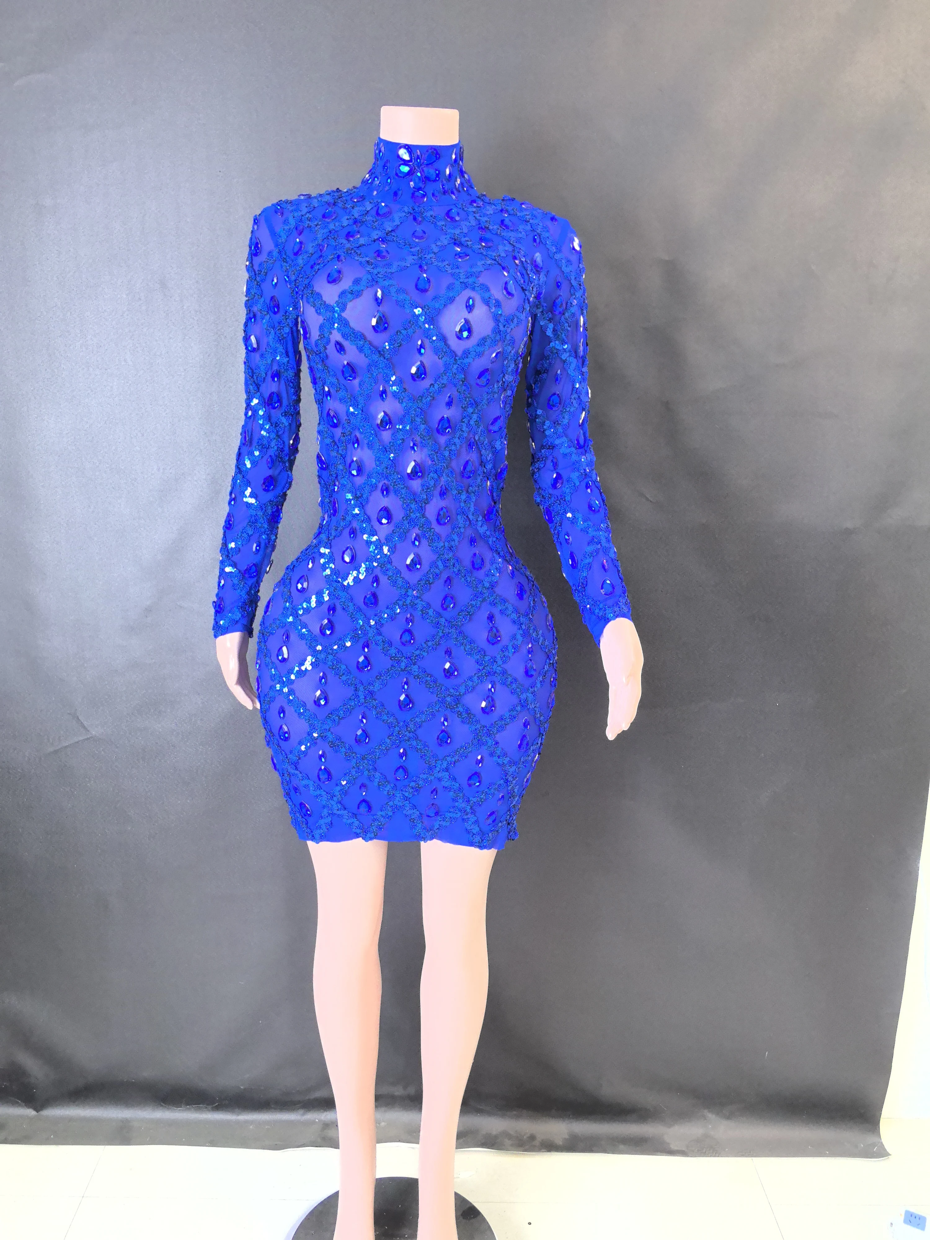 Women Sexy Stage Shining Rhinestone Sequins Dress Evening Prom Birthday Dress Transparent Performance Singer Club Host Dress 7G