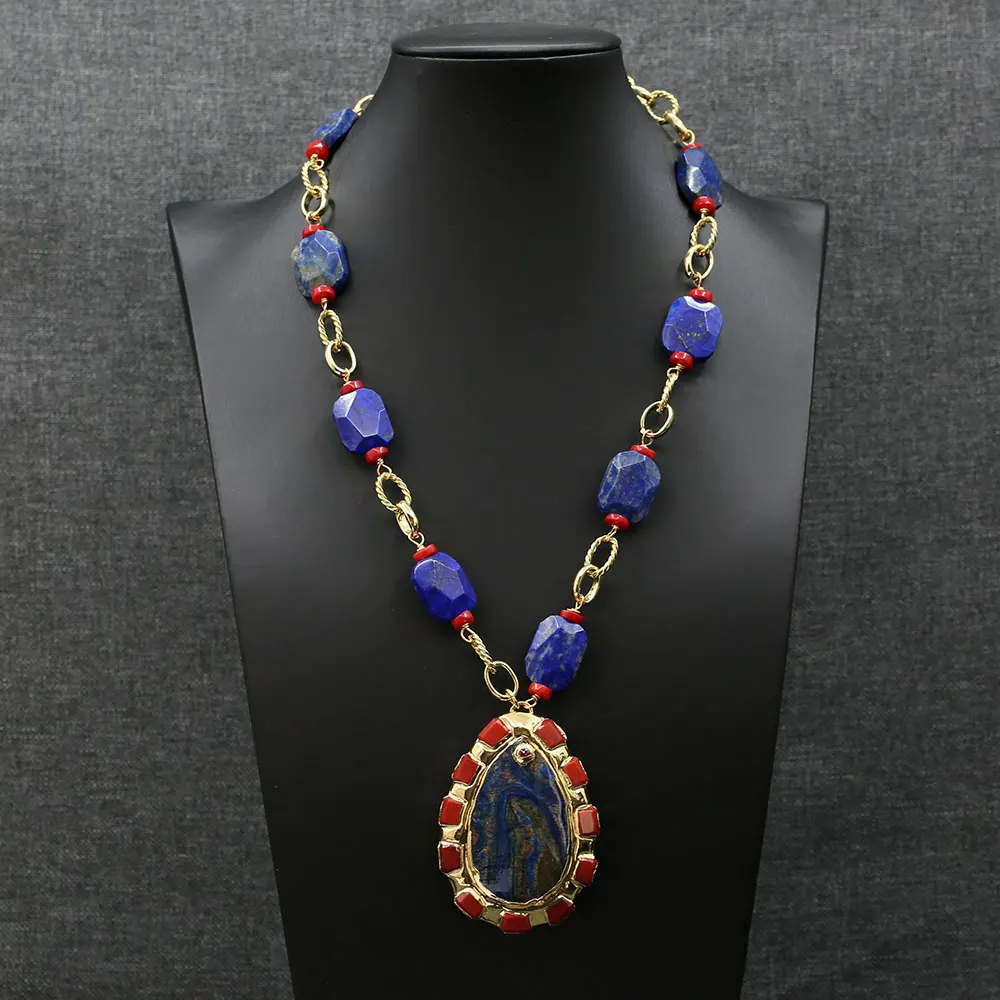 GG Natural Blue Lapis Lazuli Red Coral Golden Chain Necklace Blue Ocean Jasper Paved Red Jade Pendant For Noble Lady