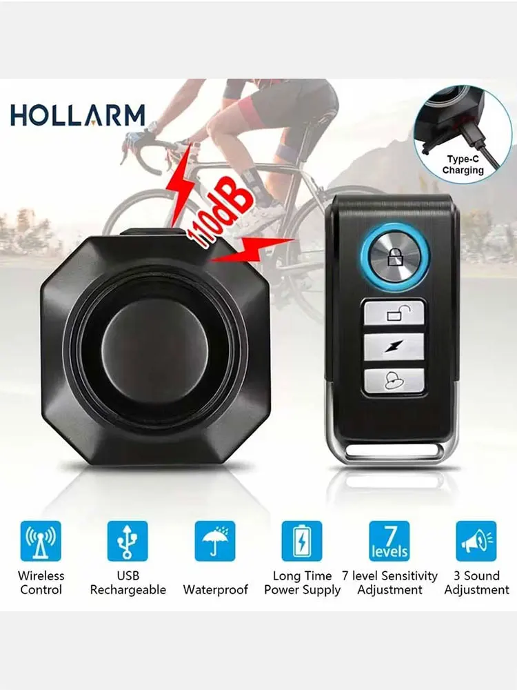

110dB Bike Alarm Wireless Remote Control USB Rechargeable Waterproof Anti-Theft Security Alarm for Bicycle Motorcycle Scooter
