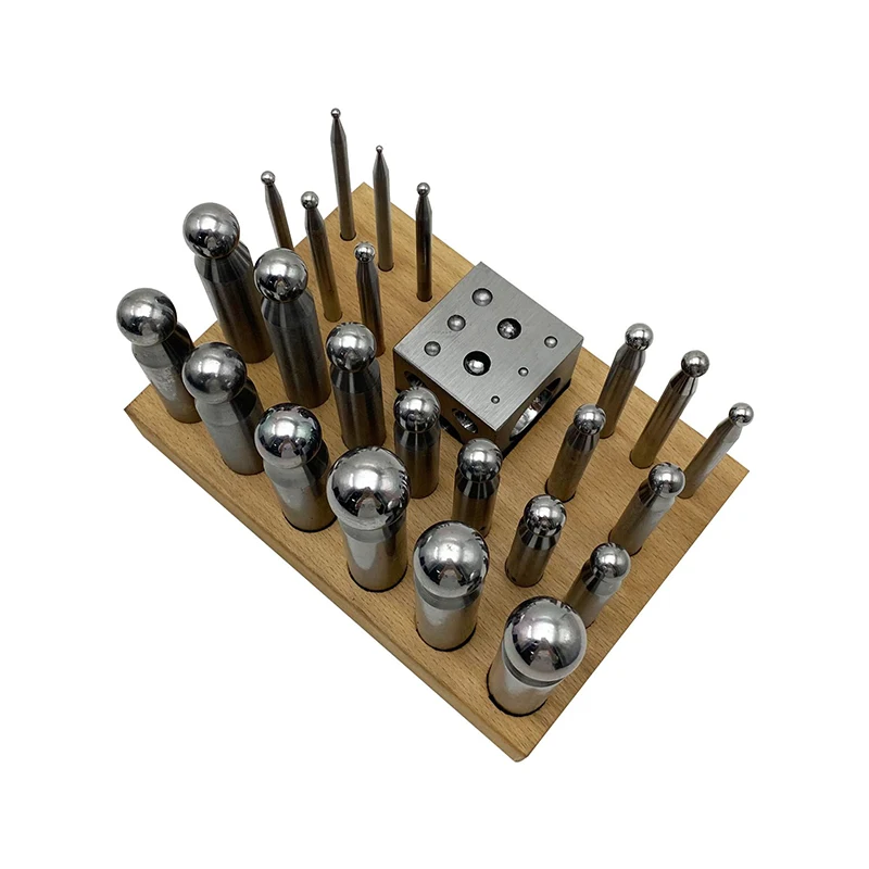 25Pcs High Quality Steel Dapping Punch Doming Block Punches Kit for Jewelry Metal Round Beads Forming Making with Wooden Base