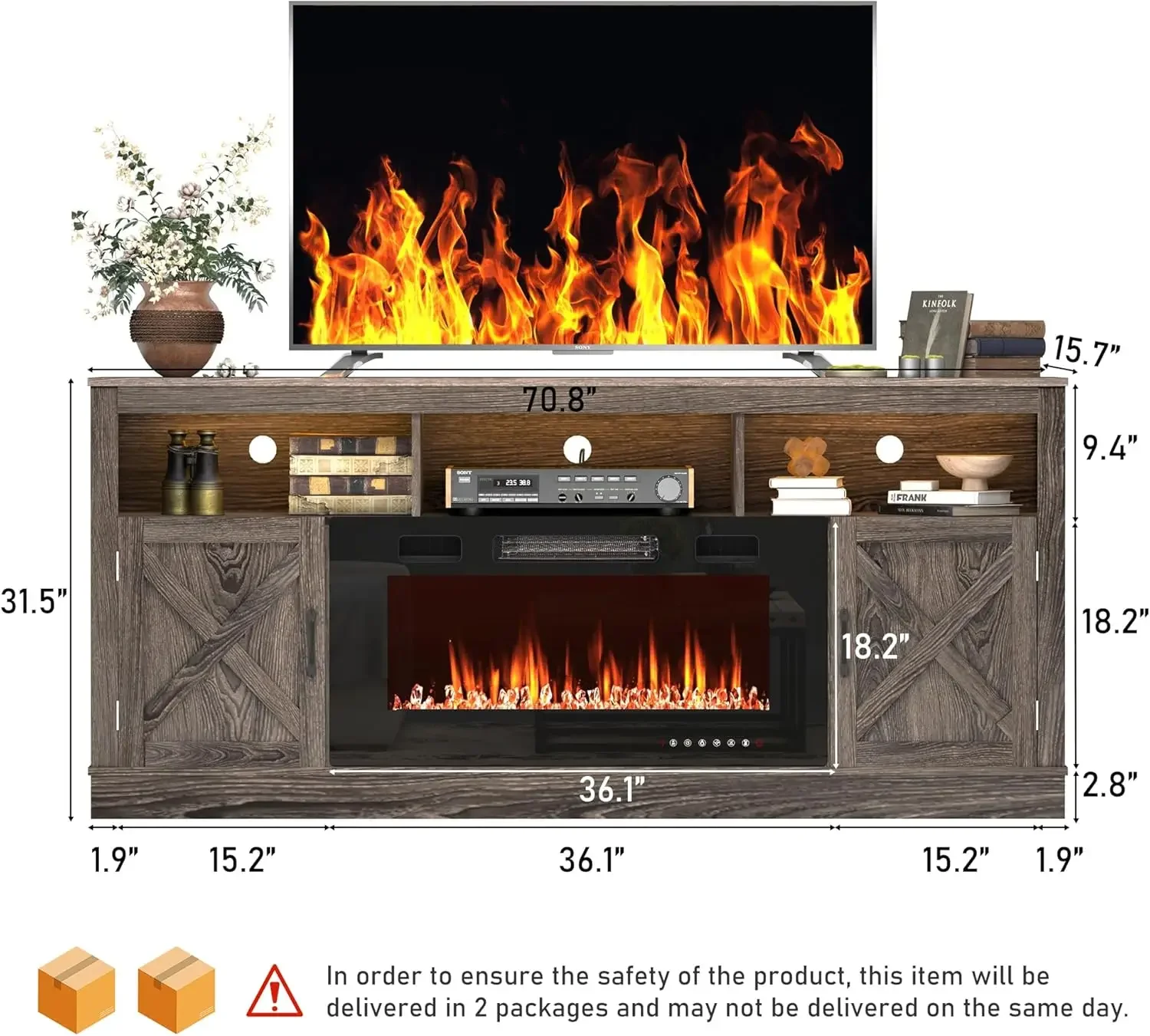 Fireplace TV Stand for 70/75/80 Inch TV, 32”Tall Entertainment Center w/ 36”Electric Fireplace & LED Light, 70”Media Console