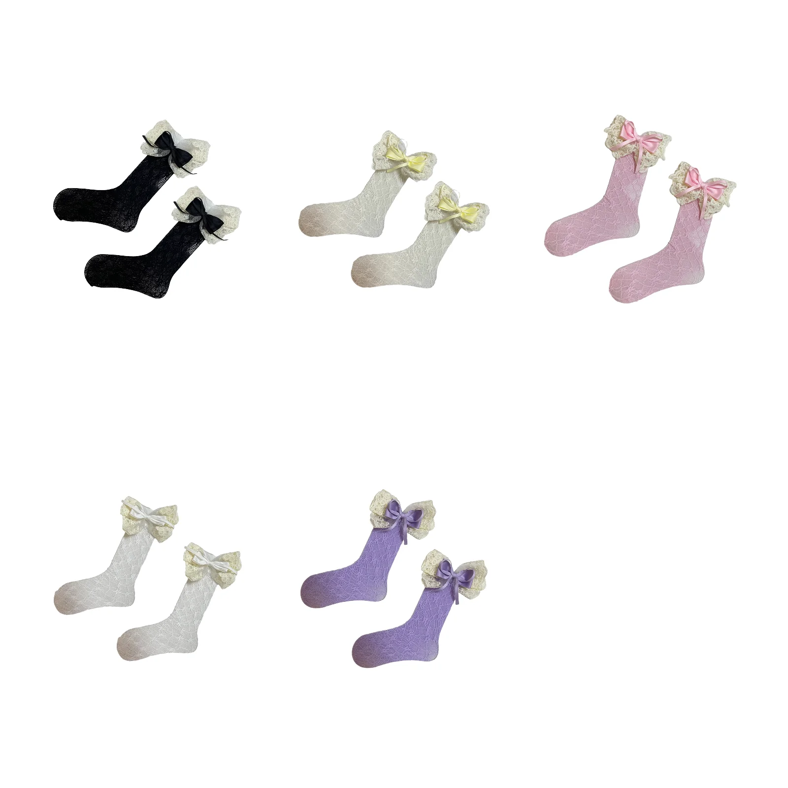 

Кружевные носки-гольфы для девочек с бантом, комплект из 5 цветов (черный/желтый/розовый/белый/фиолетовый)