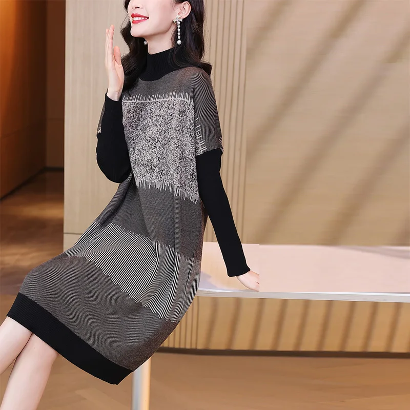 

2024 Knitted Cotton Striped Midi Dress Women Long Turtleneck Chic Sweater Dress Autumn Thick Warm Elegant Bodycon Party Vestidos