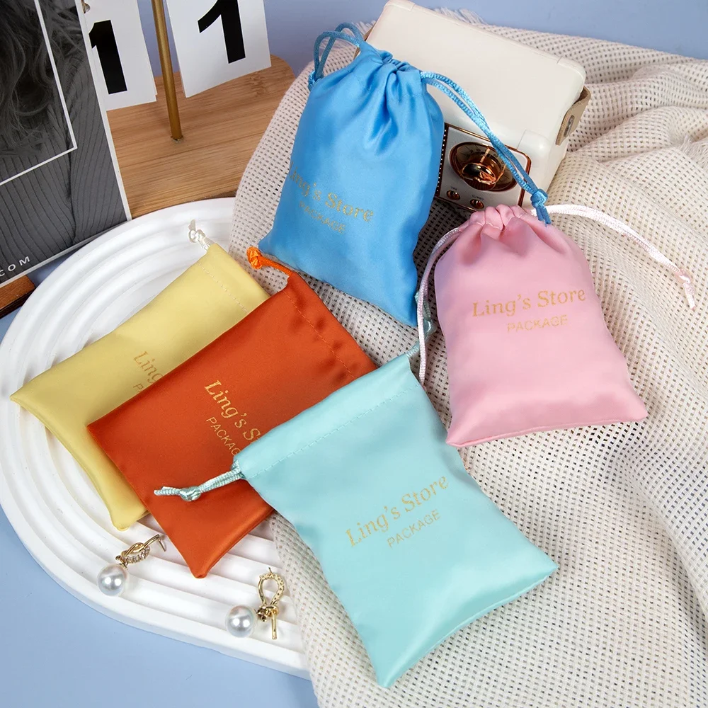 100pcs Printing Logo Jewelry Drawstring Silk Satin Bag Marry Gift Soap Cosmetic Pocket Packaging Organizer Pouches Snack Storage