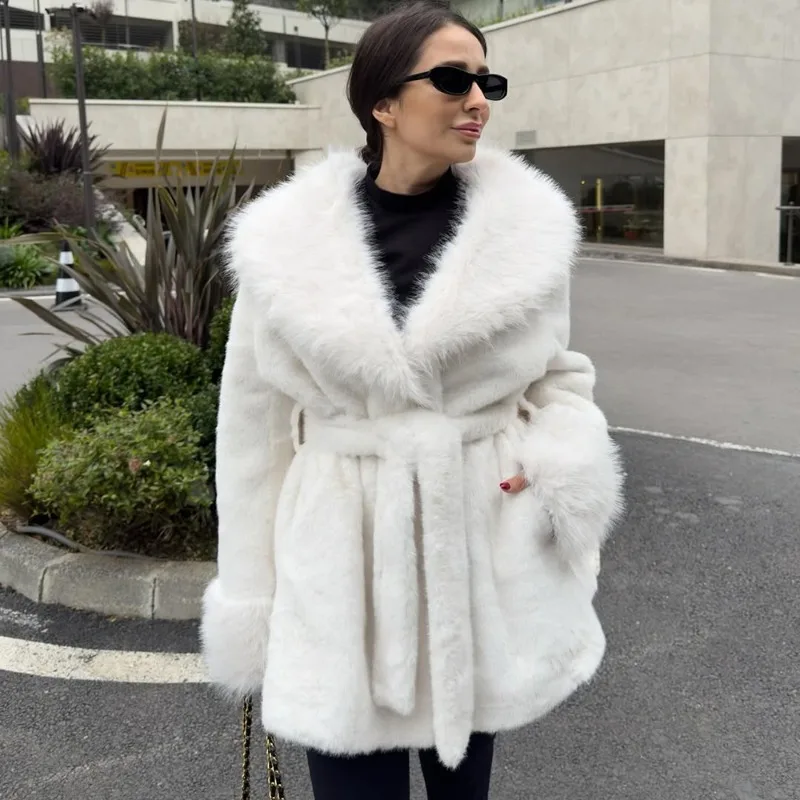 

Tuularose Women Faux Fur Coats Luxury Fur Collar Long Sleeve Belt Female Fur Jackets 2026 Winter Fashion Lady Outwear Streetwear