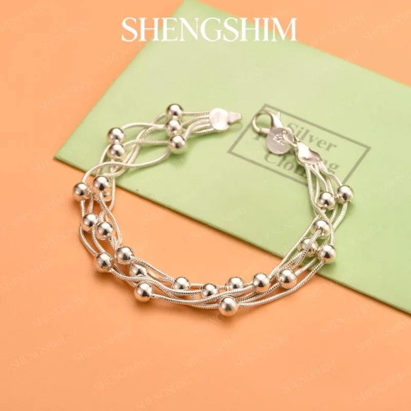 SHENGSHIM 925 Sterling Silver Five Strand Beaded Bracelet Bangle For Women Lady Fashion Jewelry Birthday Gift Party Engagement