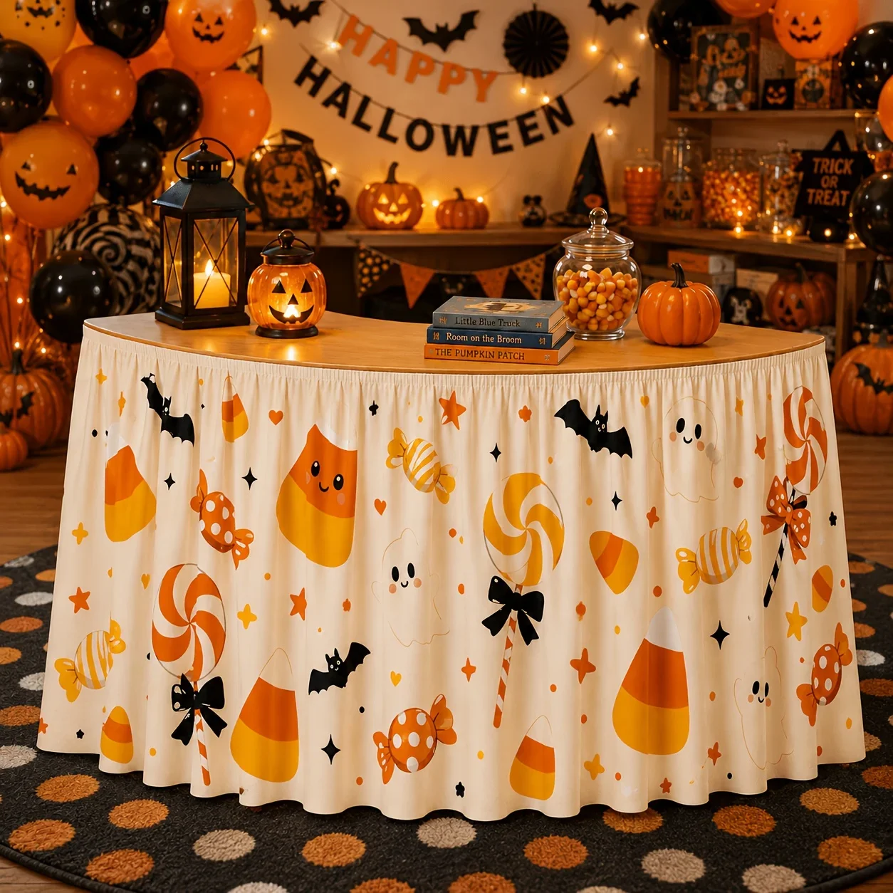 One tablecloth or table skirt. Cute Halloween table skirt. Happy ghost. Sweet corn. yzb