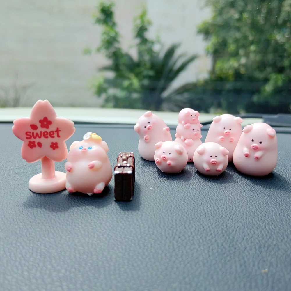 9 قطعة مضحك لطيف الحب الوردي خنزير الحيوان سيارة الديكور البلاستيكية الحرفية مصغرة الشكل صغيرة ل بونساي Microlandscape الجنية حديقة ديكور