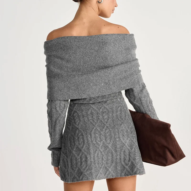 

French Elegance Off-shoulder Long Sleeve Bodycon Mini Dress 2025 Autumn New High-waist Style