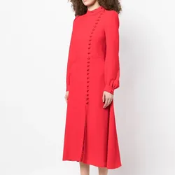 Long Sleeve OL Office Ladies Dresses Button Design Women Solid Dress