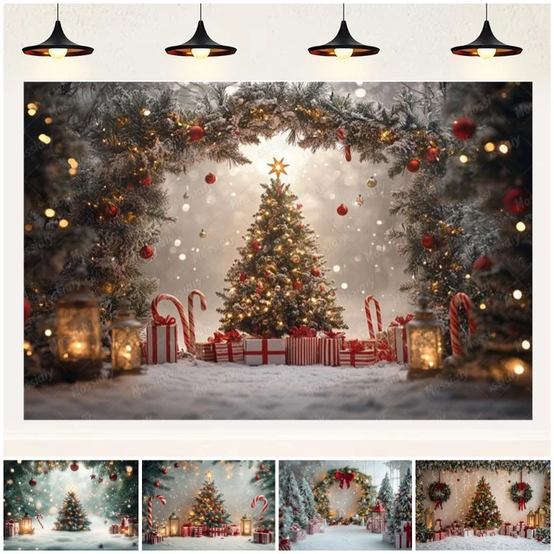 Christmas Backdrop Merry Christmas Sign Gift Box Candy Canes Xmas Tree for Holiday Party Decor Display Photo Shoots Backgrounds