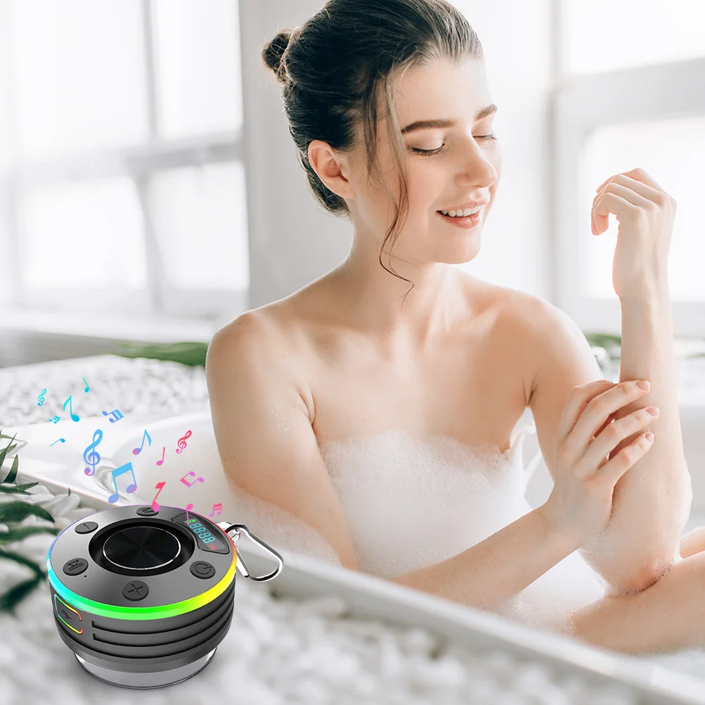 

Bluetooth-совместимый динамик для душа IPX7 Водонепроницаемый мини-стереодинамик со светодиодной подсветкой и присоской для пляжного бассейна, кемпинга