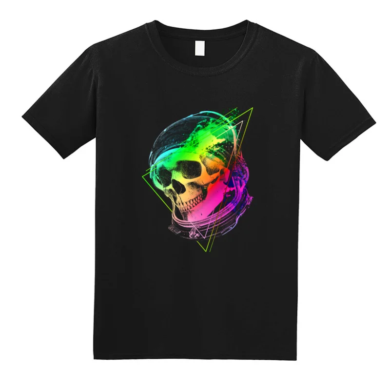 Vaporwave Neon Skull Techno Hipster T Shirts Aesthetic Skull Watercolor Rainbow Space Skull Funny Tshirt for Men Camisa