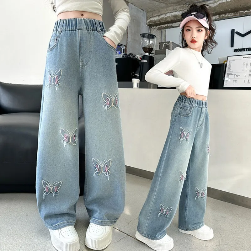 

Girls Loose Wide-leg Jeans Soft Trousers Korean Butterfly Pattern Denim Pants Spring Autumn Children Clothing for 5-12 Years