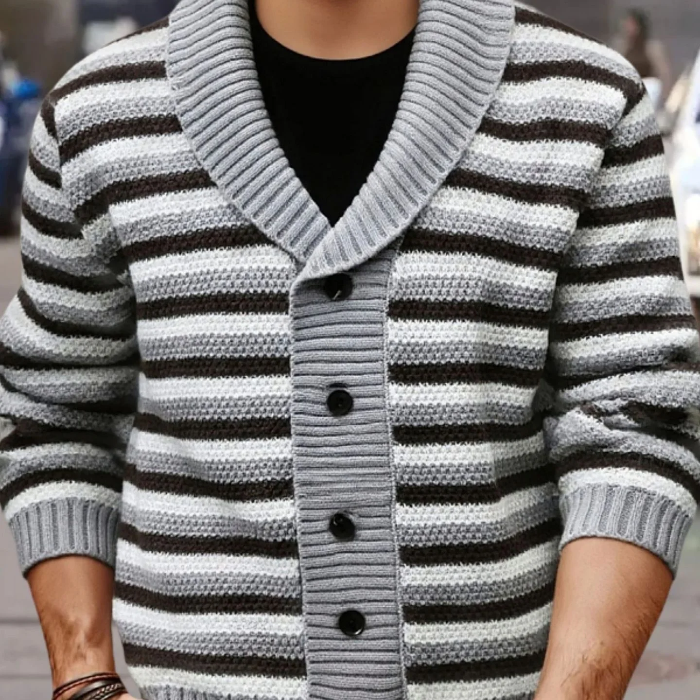 

Мужской вязаный свитер в американском ретро-стиле Jaet Thiened с откидным воротником, полосатая верхняя одежда, повседневное длинное зимнее пальто для молодежи