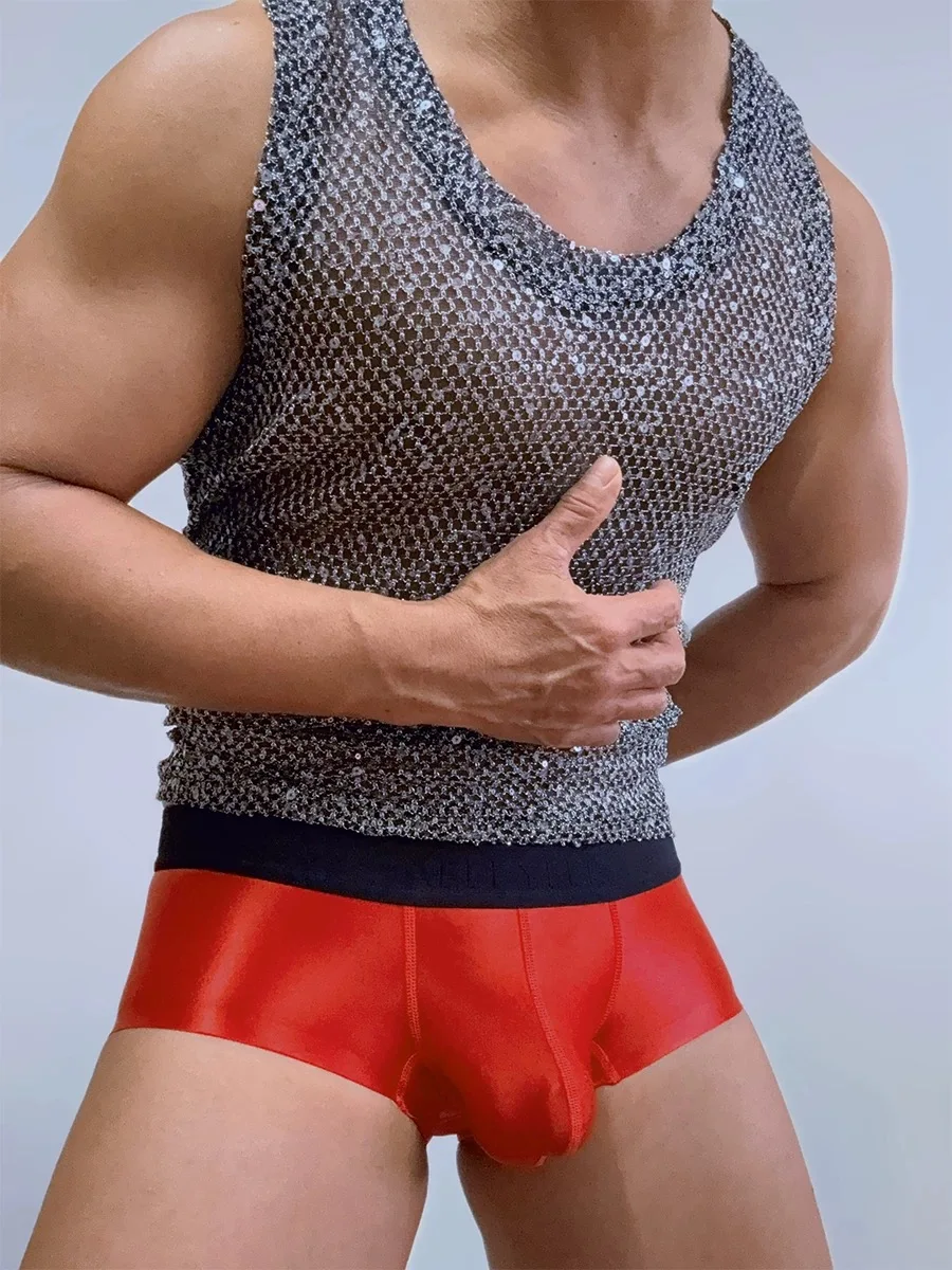 Men Shiny Boxers Shorts Underwear Rainbow Color Skin Tight Stretchy Quick Dry Night Club Party Briefs Panties