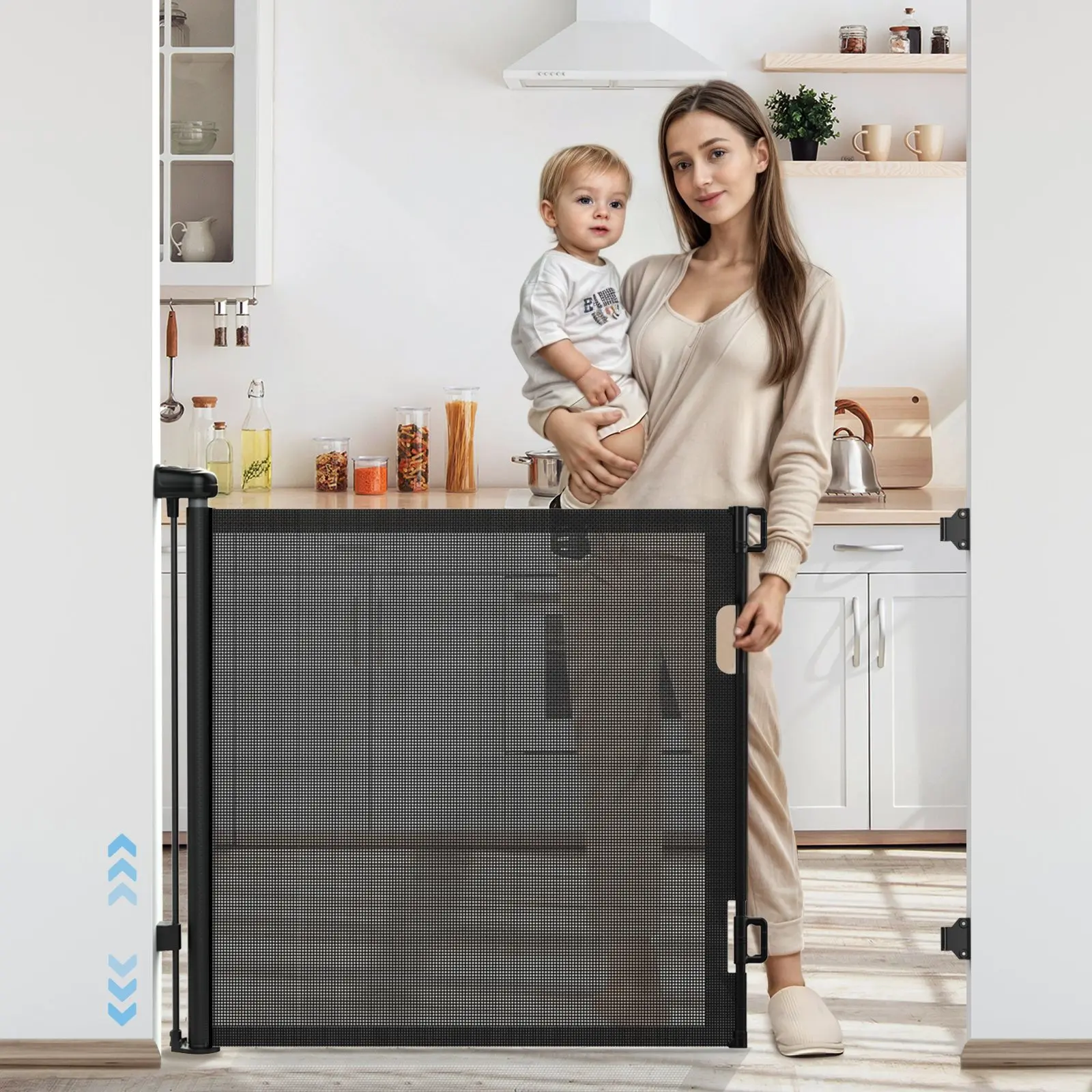 Porte rétractable en maille pour bébé/animal de compagnie, 33 pouces de haut, extensible à 55 pouces de large, porte de sécurité à verrouillage automatique pour portes/escalier/couleurs intérieures/extérieur