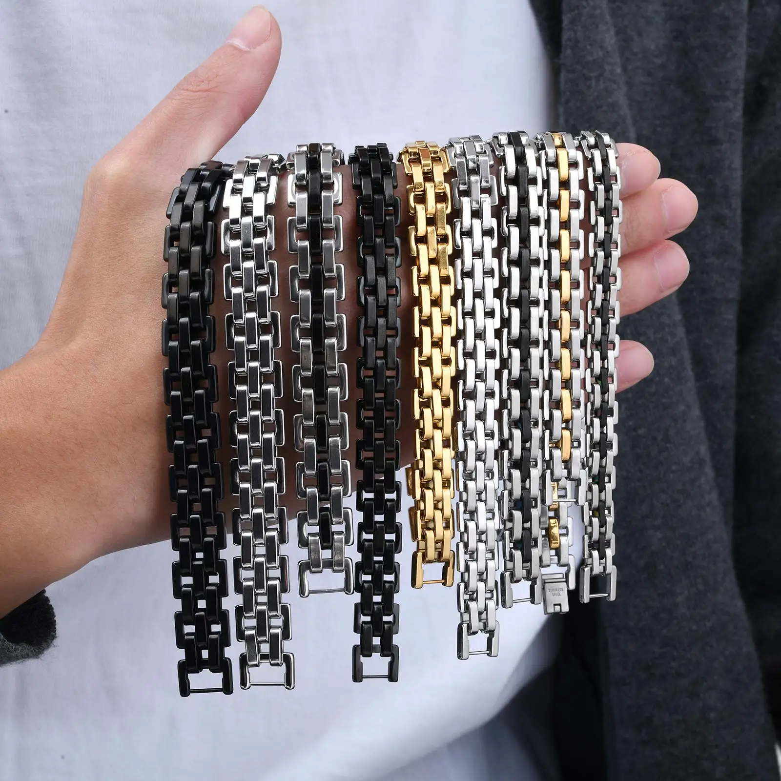 Stylish Strap Chain Bracelets for Men Boys,Waterproof Stainless Steel Thick Chain Wristband,Father\'s Day Husband Dad Gift