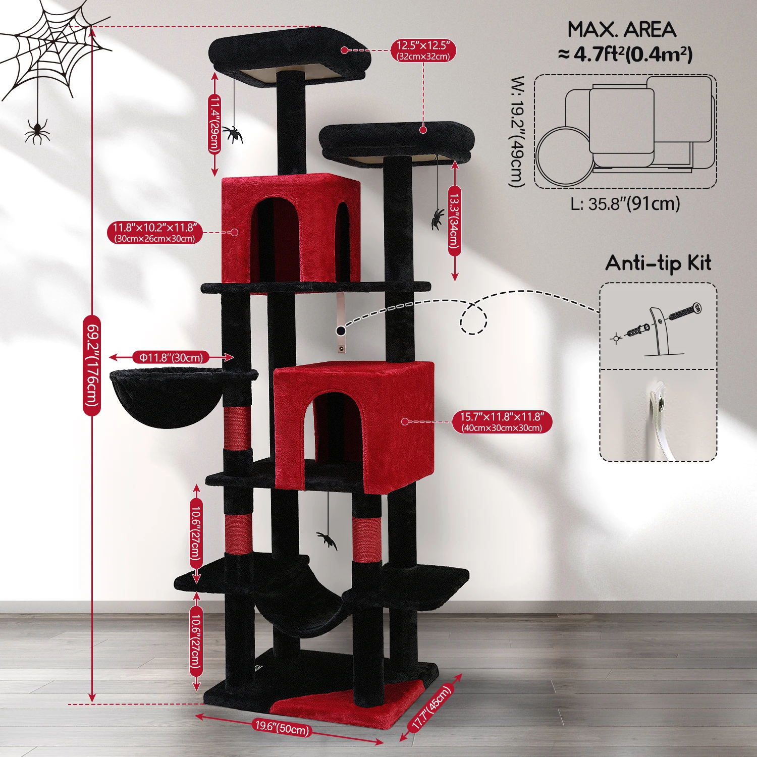 F69 Gothic Cat Tree, 69 นิ้วสูง Goth Cat Tree สําหรับแมวในร่มขนาดใหญ่ผู้ใหญ่, สีแดงและสีดํา Cat Tree Tower, ฮาโลวีน Cat Tower