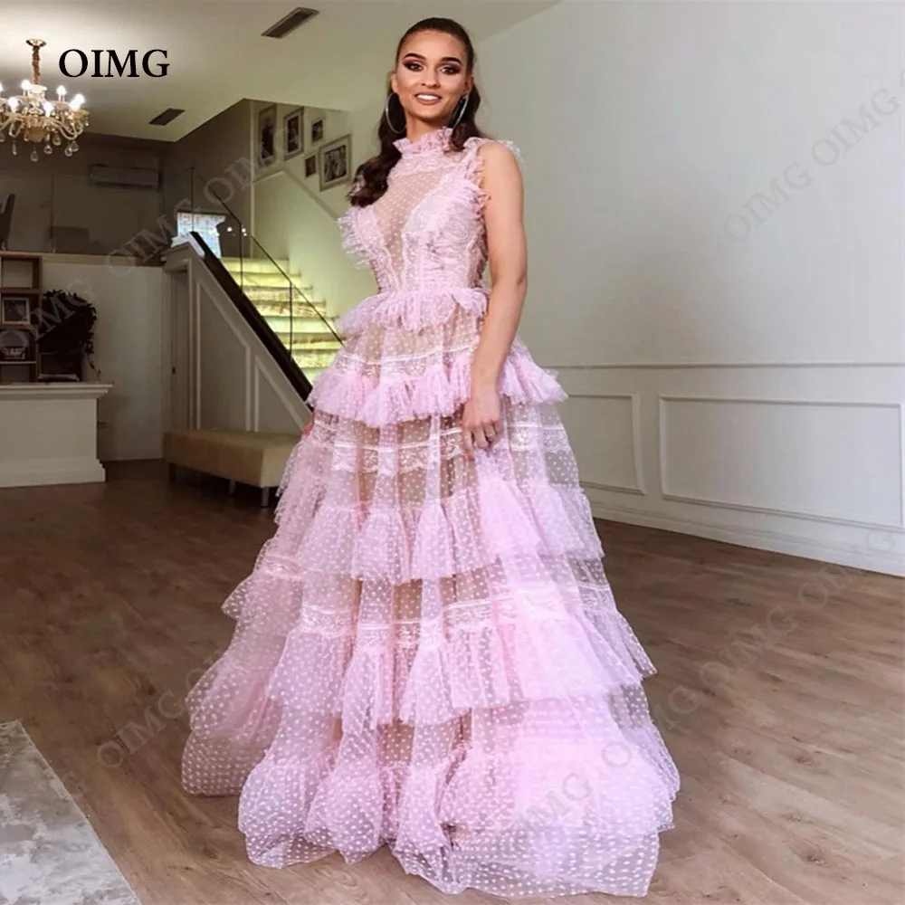 

OIMG Pink Dot Lace Evening Dress Prom Dress Tulle Tiered Fromal Dress Ruffles Celebrity Dress Elegance Party Dress Princess 2024