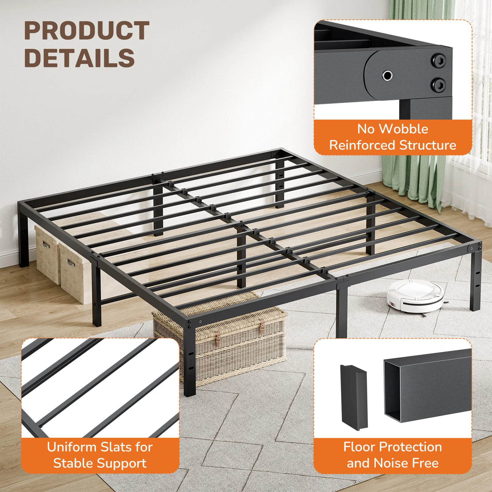JHK Basic 14IN Twin Full Queen King Size Bed Frame Metal Platform Bedroom Frames with Storage Space Sturdy Steel Slat Support - view 6