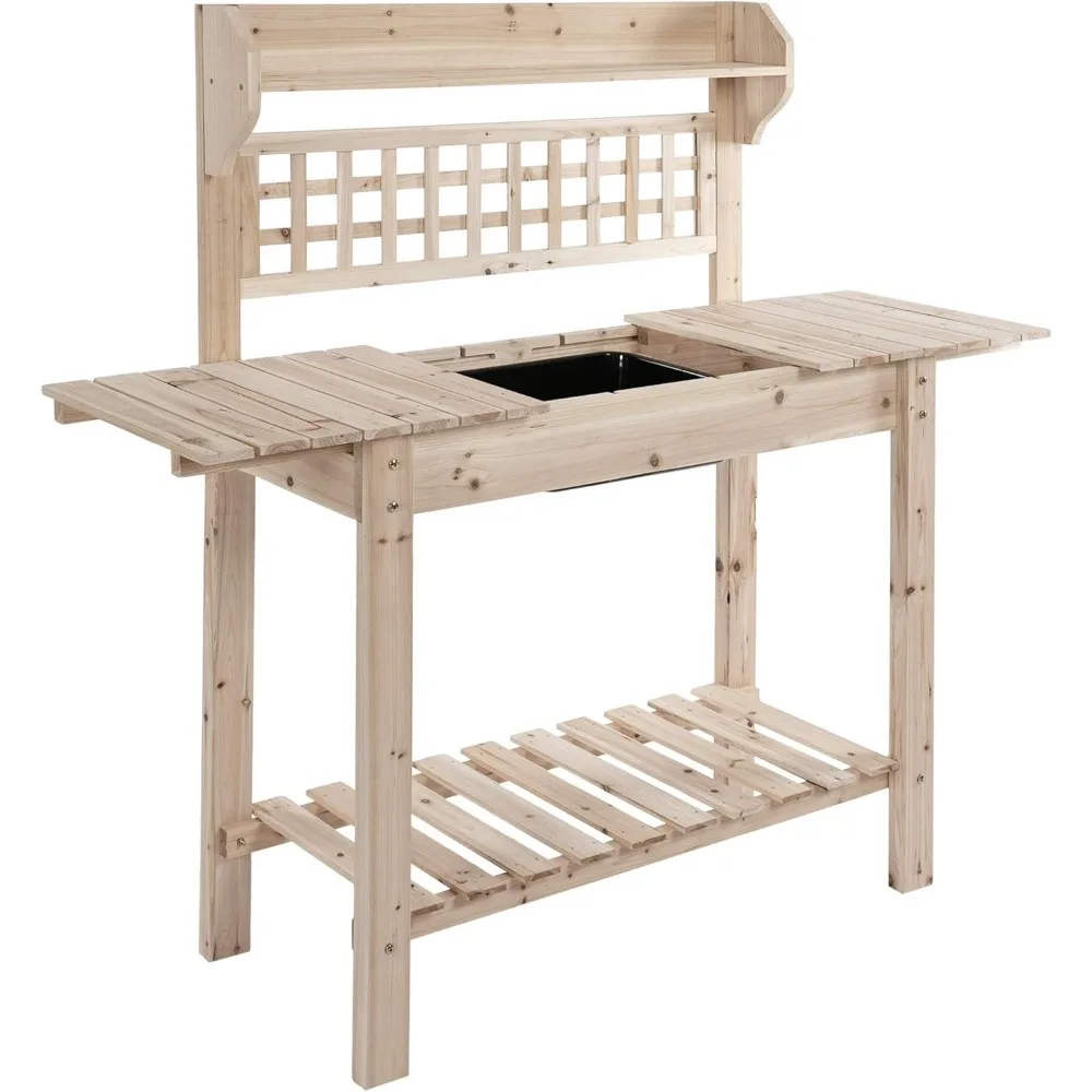 

Outdoor Potting Bench Table, Wooden Workstation with Sliding Tabletop, Storage Shelf and Dry Sink, for Greenhouse, Garden Patio