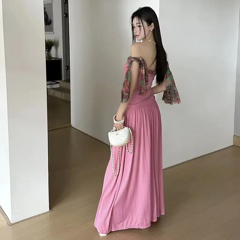

Retro Pink Strapless Dress For Women In Spring And Summer, Hanging Double Layered Detachable Chic Dress
