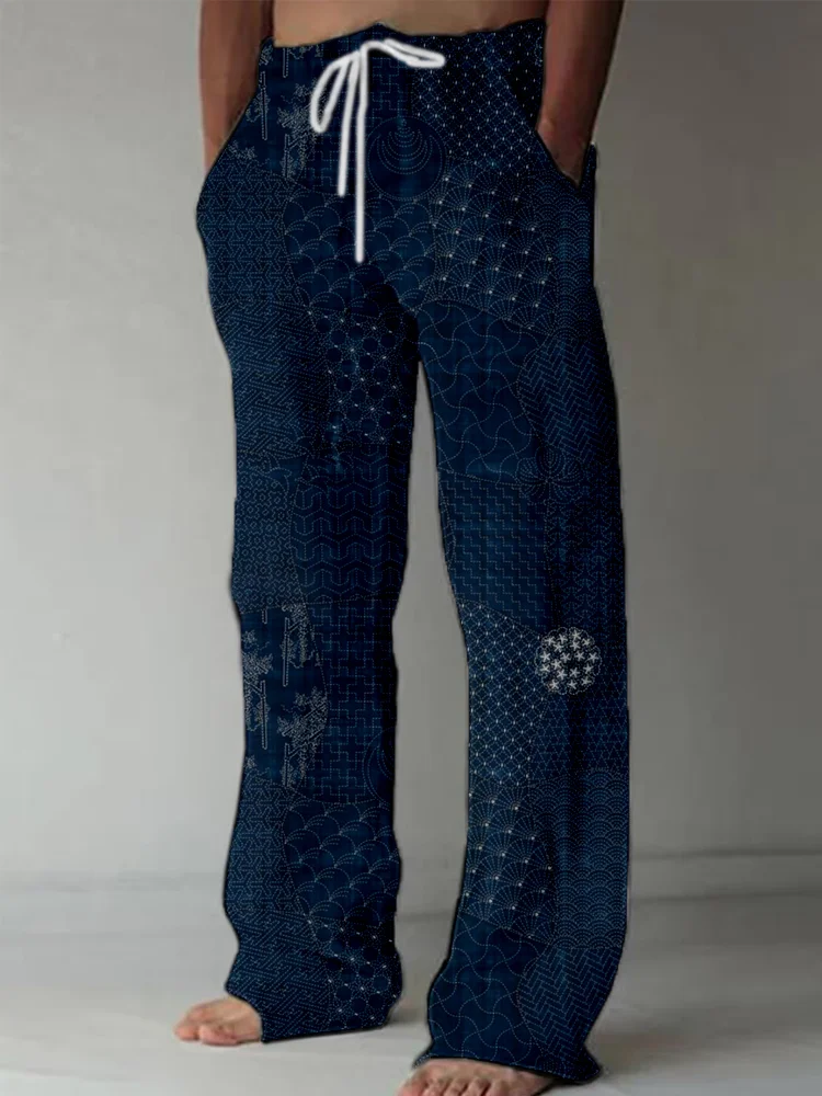 Men's Japanese Traditional Sashiko Art Blend Casual Pants Fashion Wide Leg Long Trousers Holiday Floor-Length Autumn 2025 Bottom