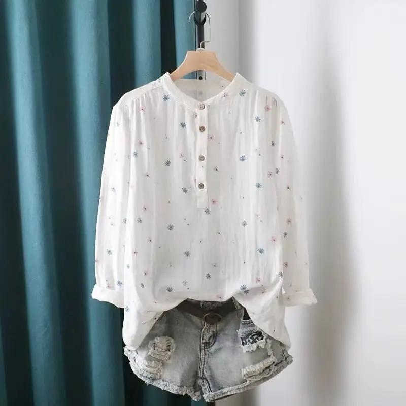 

Enianechu, женская одежда среднего возраста, 100% хлопчатобумажная пряжа, белые, серые, синие рубашки и блузки с цветочным принтом, женская винтажная одежда