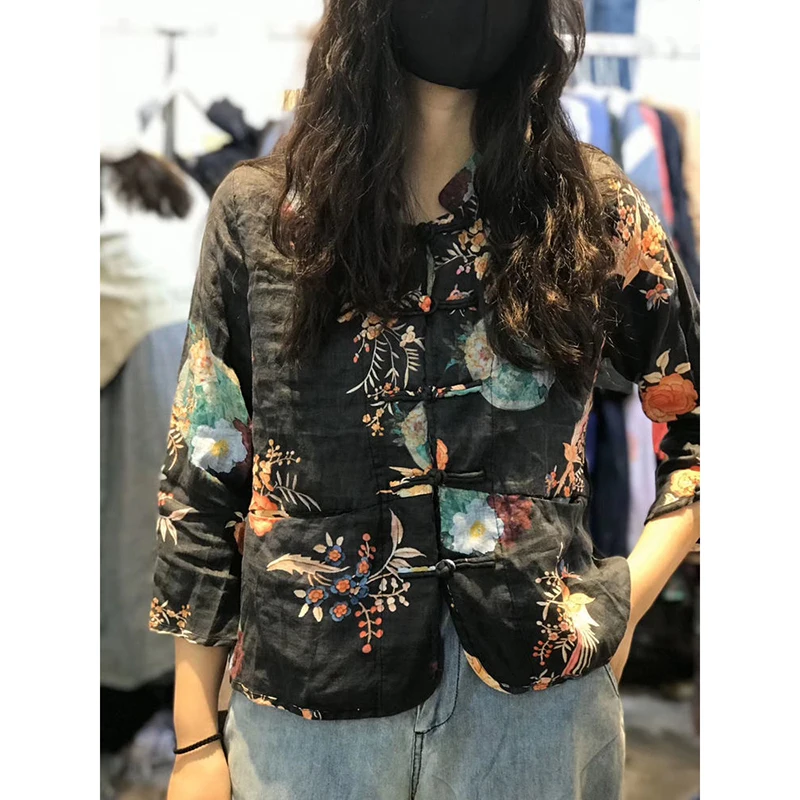 2022 Spring Summer Arts Style Women 3/4 Sleeve Stand Collar Loose Shirts Single Breasted Cotton Linen Vintage Print Blouse C513