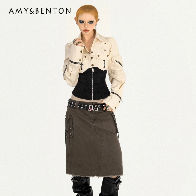 

Original Design Workwear Women's Shirt 2025 Autumn New Punk Retro Sweet Cool Sexy Hot Girl Zipper Long Sleeve Shirts Top Ladies