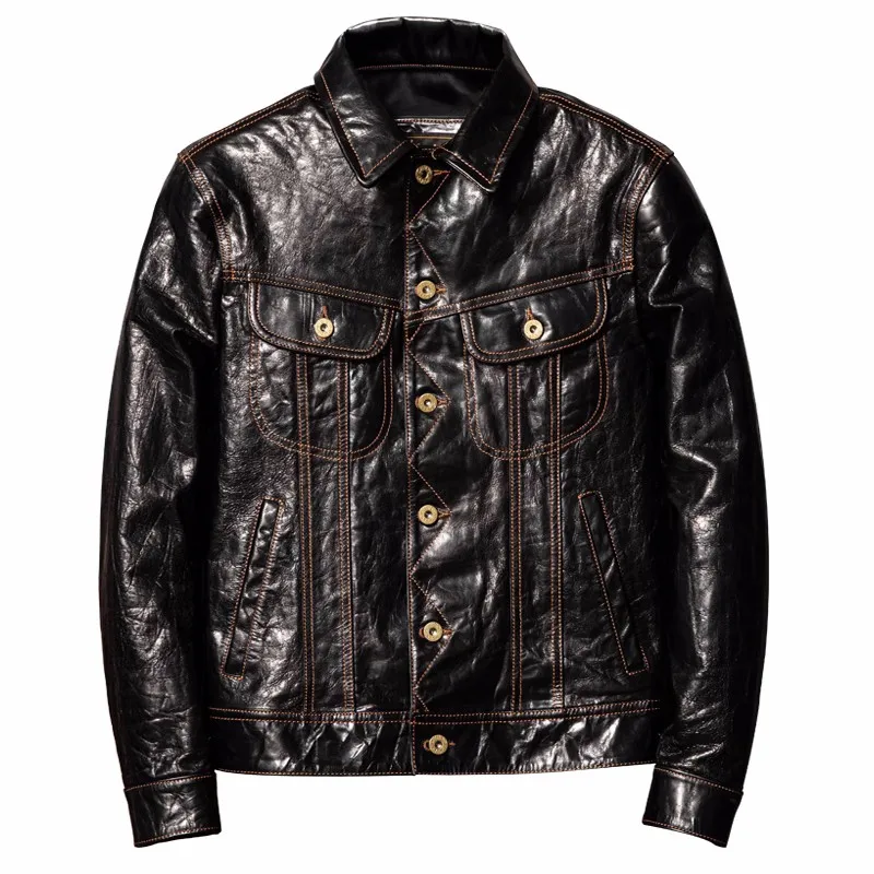 

Black Spring Leather Jacket Men Casual Denim Style Plus Size 5XL Genuine Natural Sheepskin Slim Fit Single Breasted Leather Coat