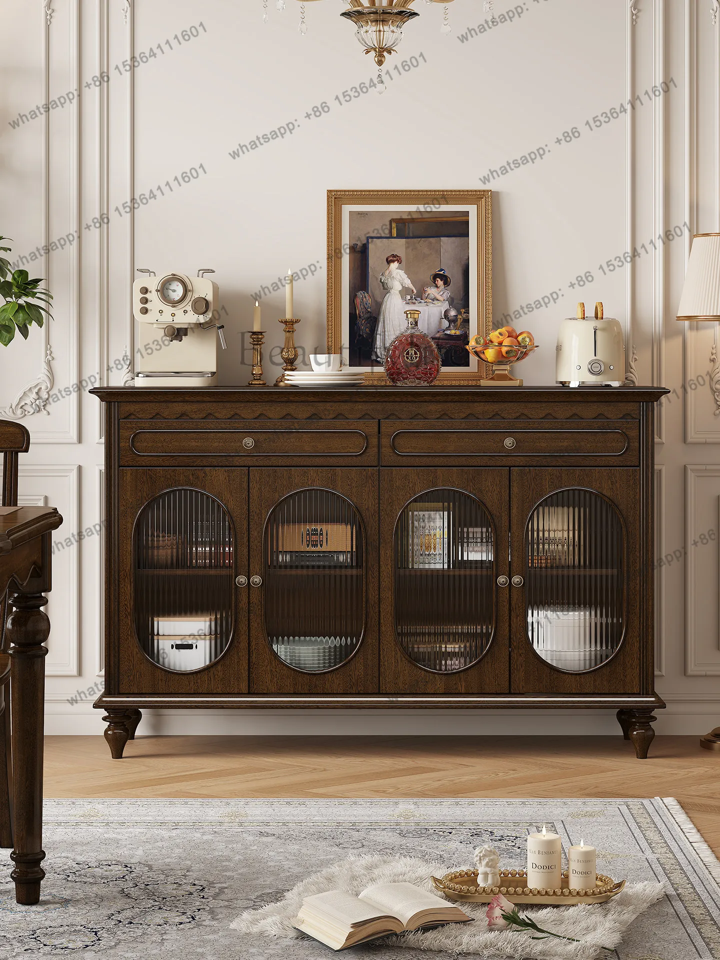 American all-solid wood dining side cabinet living room old money wind against the wall storage retro rural storage tea cabinet