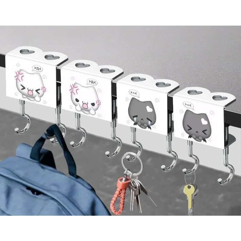 Punch-Free Cartoon Desk Side Hook Double Hook Strong Load Bearing Movable Oil Painting Style Hook for Students