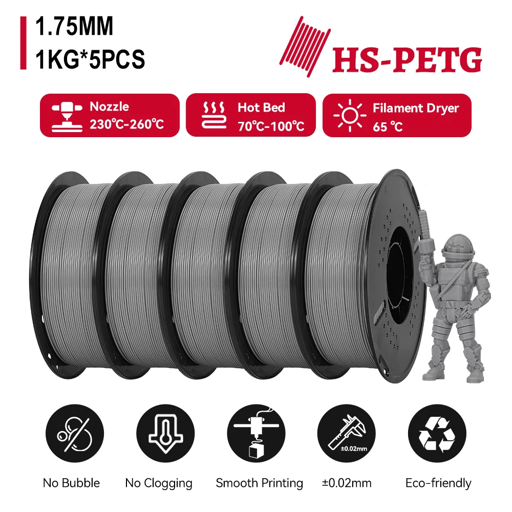 KINGROON HS-PETG 3D-printerfilament 5KG 1,75 mm netjes wond Goede taaiheid 3D-filament met herbruikbare spoel voor de meeste FDM-printers