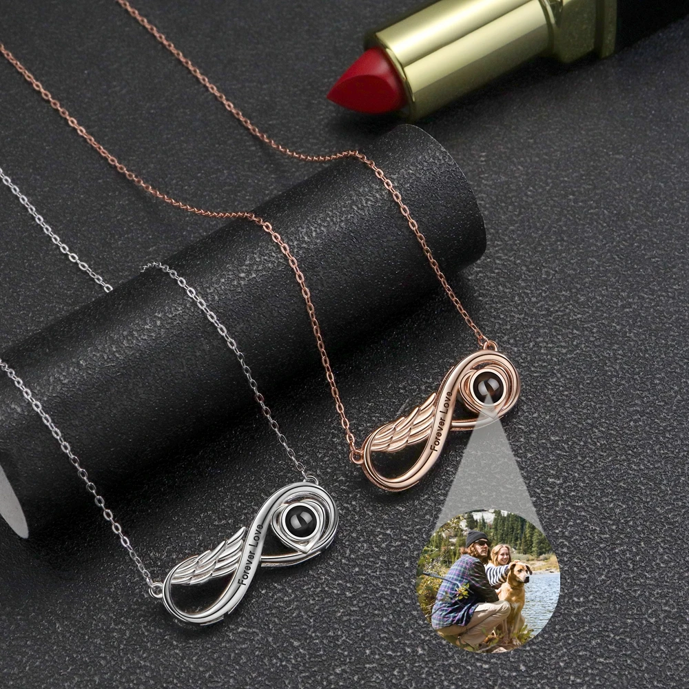 

Wings Heart Pendant Custom Photo Necklace for Women Projection Photo 925 Chain Gift Fashion Jewelry