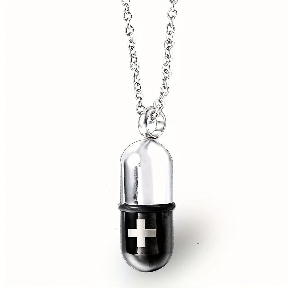 Capsule Urn Necklace Stainless Steel Openable Pill Pendant Keepsake Memorial Jewelry with Medical Cross