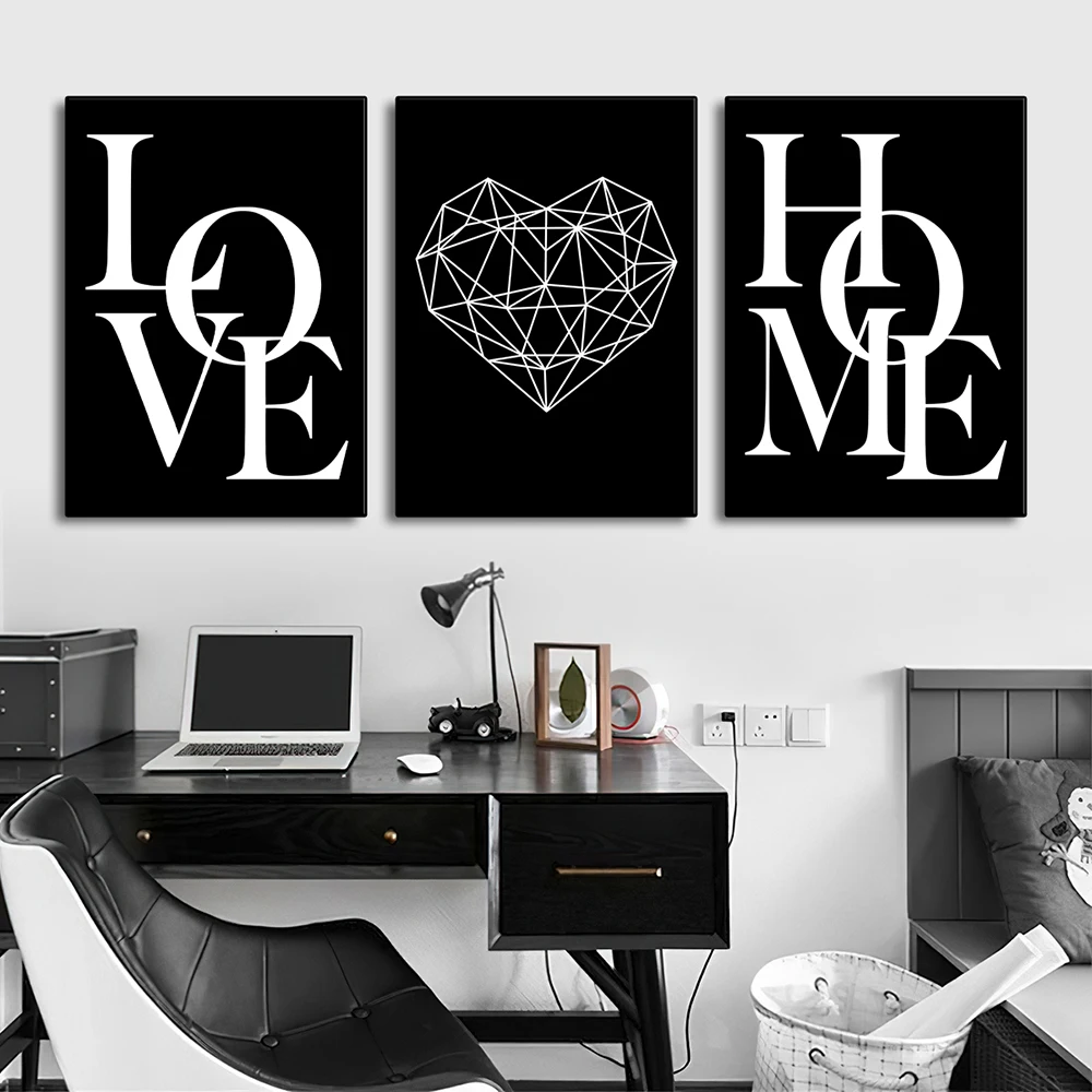 3pcs Love Home Diamond Heart Letter Canvas Prints Nordic Modern Living Room Wall Art Black White Decorative Paintings Home Decor