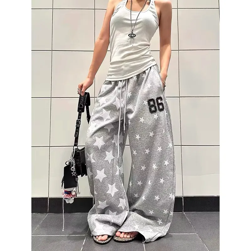 Amerikanische Retro Y2k Sporthose mit Sternenmuster für Damen, Herbst/Winter, High Street Hip-Hop, lockere, lässige, graue Hose mit weitem Bein, für Kinder – Detail 5