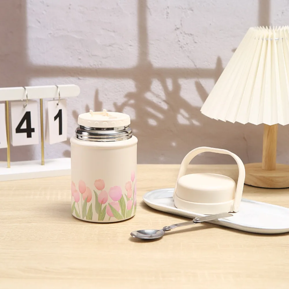 

Stainless Steel Thermos Breakfast Cup Tulip Pattern Double Wall Insulated Soup Can Wide Mouth with Foldable Spoon Vacuum Cup
