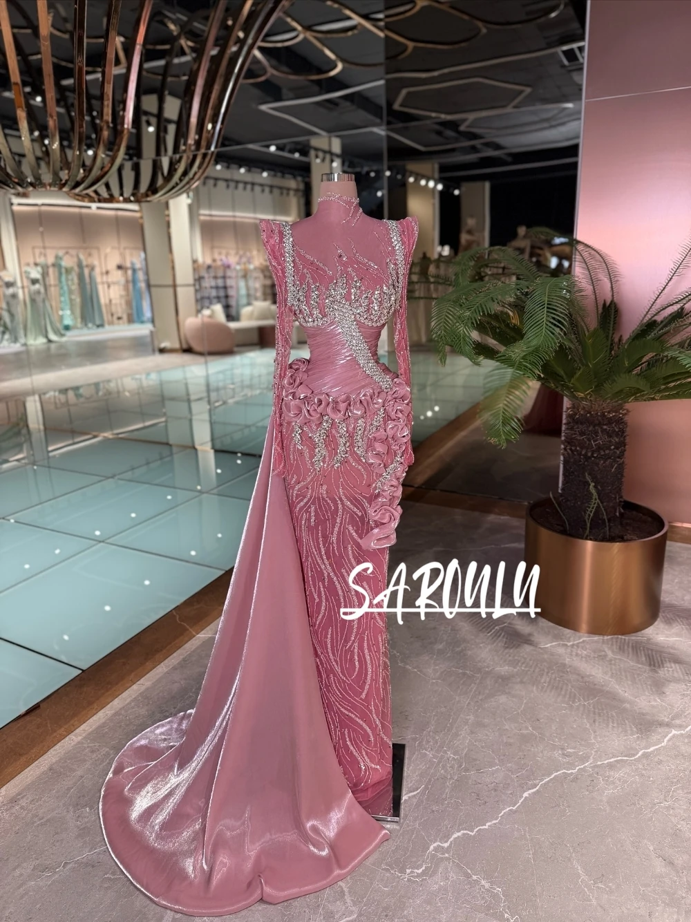 

Illusion Long Sleeved Prom Dress Stunning Crystals Sequined Evening Gown With Detachable Train Customized Romantic Ruffles Wear