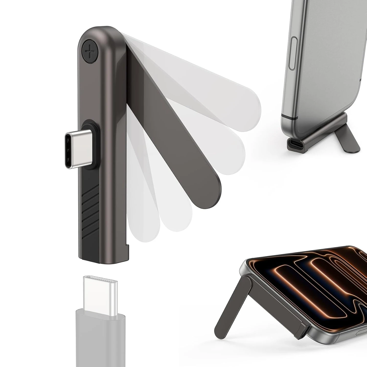 2-in-1 Phone Kickstand Adapter 5A Fast Charging Right Angle USB C C Male to Female Adapter Portable Desktop Phone Stand