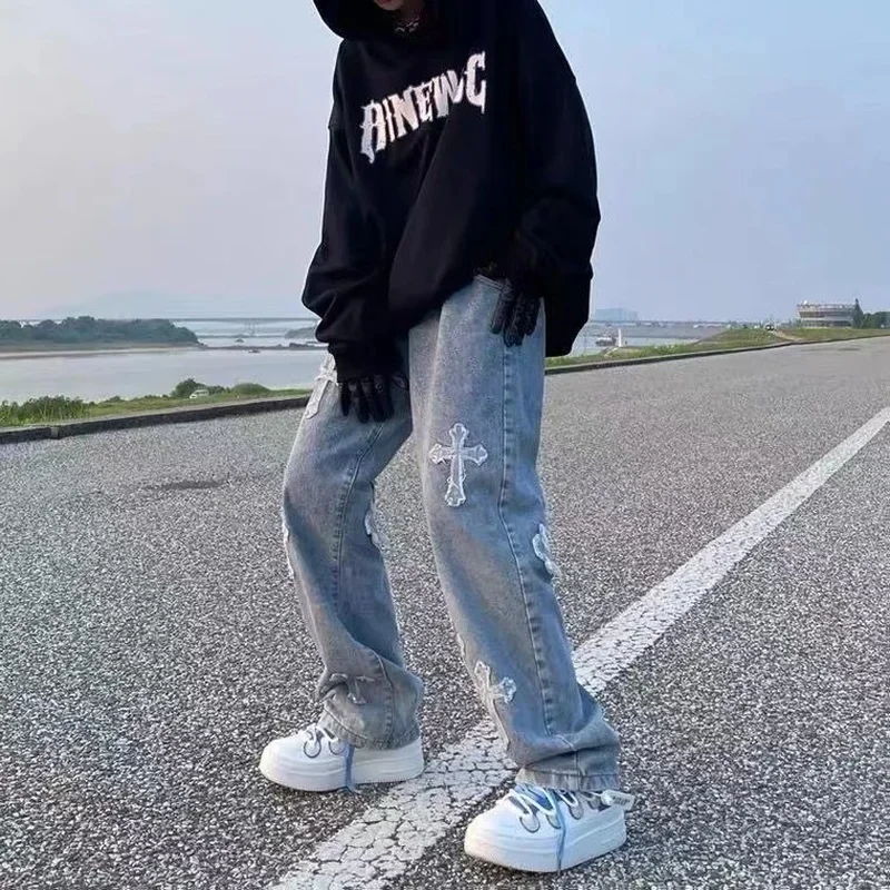 TJ2 Men's Jeans European and American High Street Cross Embroidery Hip-hop Tide Brand Straight Loose Wide-leg Pants Ins Hot Sale
