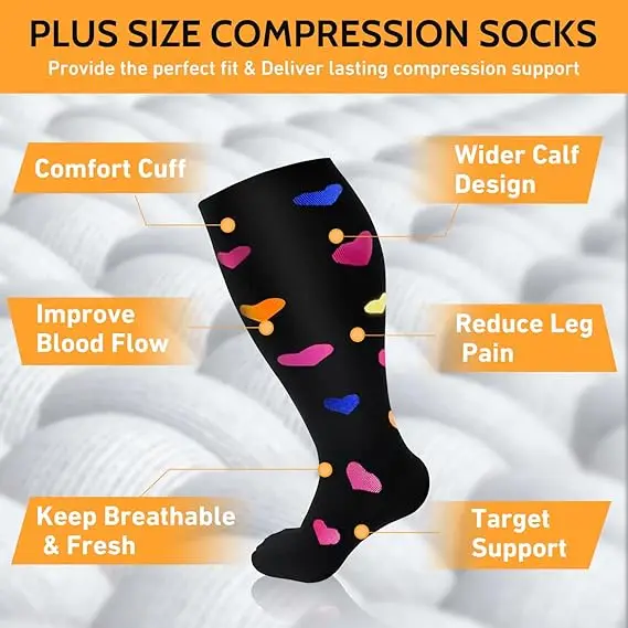 1Pair Plus Size 2XL-7XL New Compression Socks Unisex Wide Calf Knee High Compression Stockings Support for Circulation Nurses