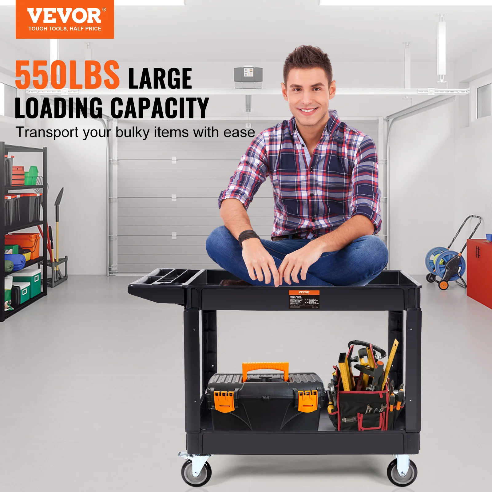 VEVOR 550lbs Utility Service Cart 2 Shelf Rolling Utility Cart with 360° Swivel Wheels Storage Handle for Warehouse Garage