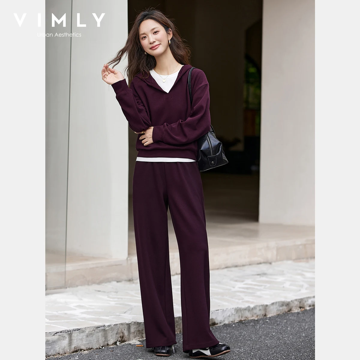 

VIMLY Purple Pants Sets Woman 2 Piece Sporty Fall 2025 Knitted Hooded Sweater Wide Legs Long Pants Female Two-piece Set A2376