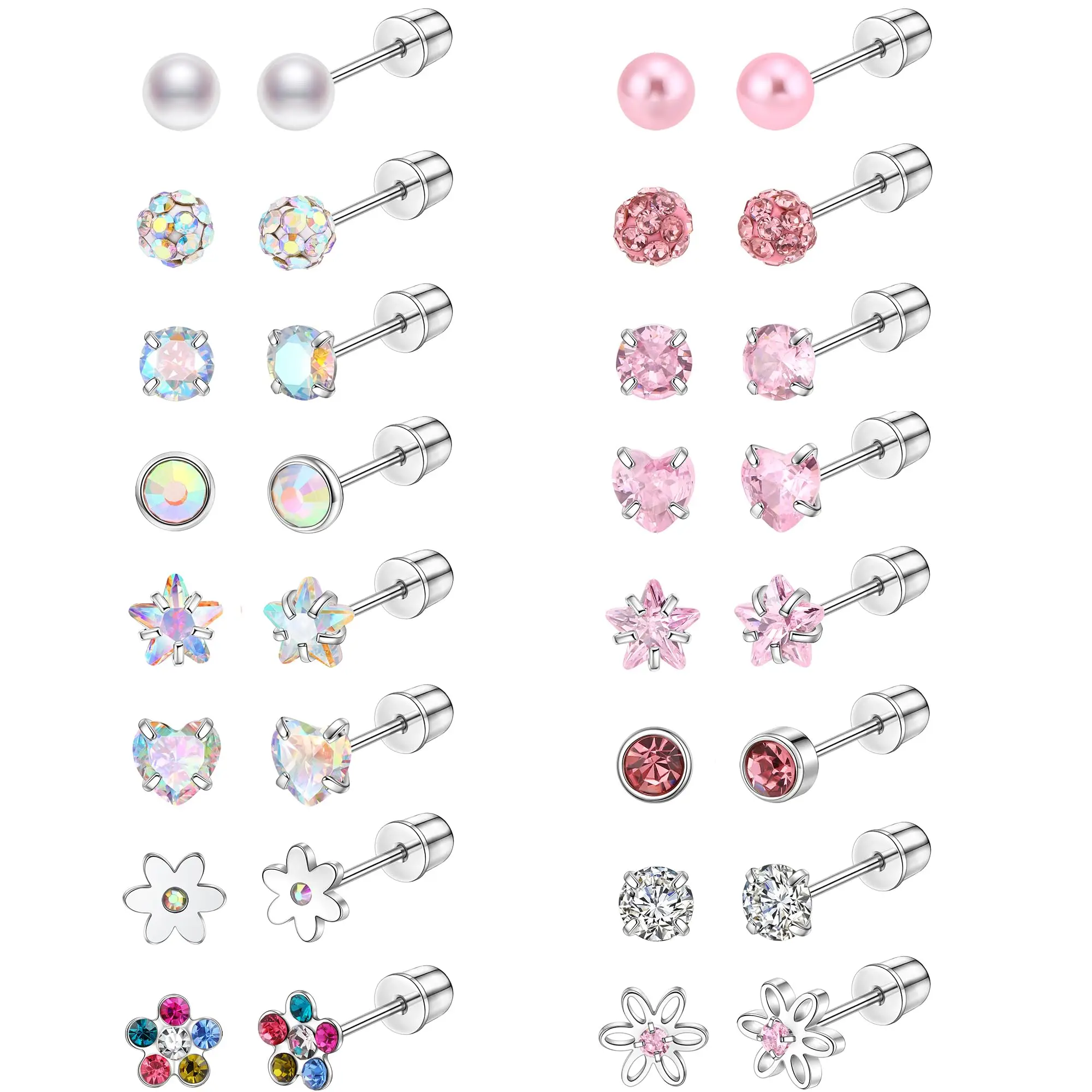 16 Pairs Screwback Earrings for Women Tiny CZ Pearl Ball Heart Flower Screw Back Earring Studs 316L Stainless Steel Stud Earring