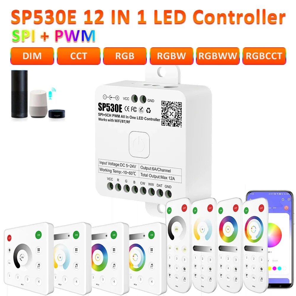 

SPI PWM 5CH LED Controller CCT RGB Wifi Bluetooth RF Remote WS2812B WS2811 IC Strip Light Works with Alexa Google Home SP530E