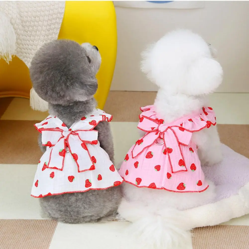 Dog Summer Dress Sweet Strawberry Pattern Bowknot Decor Dog Princess Dress Pet Skirt with Traction Ring for Small Dogs Cats